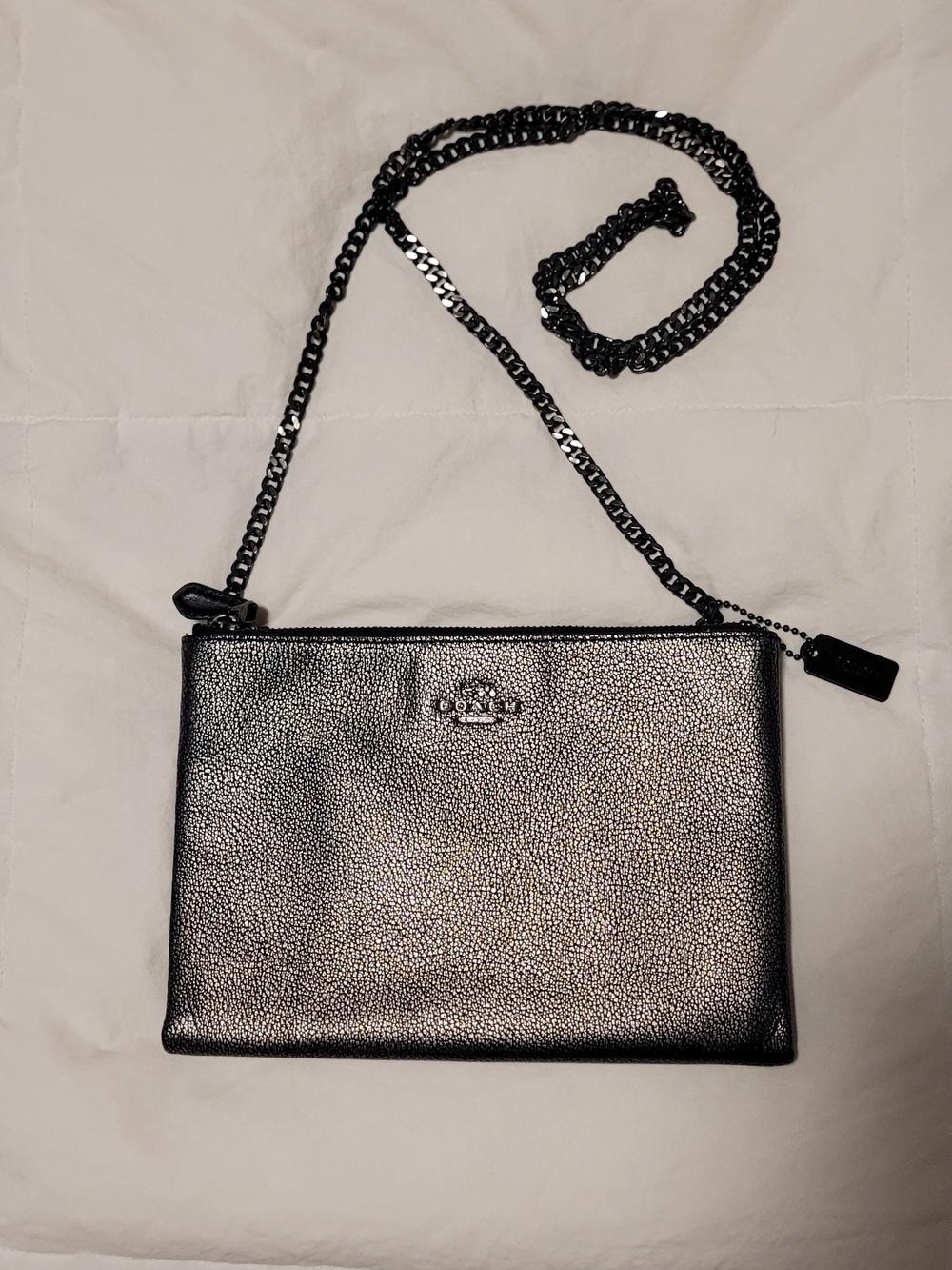 COACH Black Metallic Pebble Leather Crossbody Pouch Bag